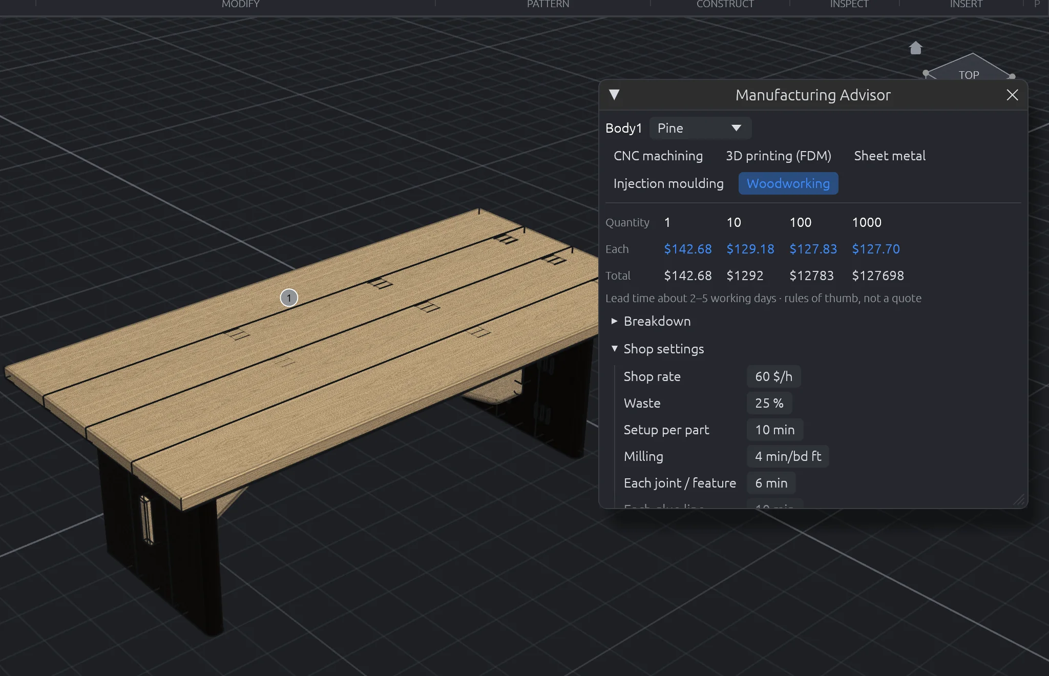 The Manufacturing Advisor pricing a pine tabletop board for woodworking, with shop settings