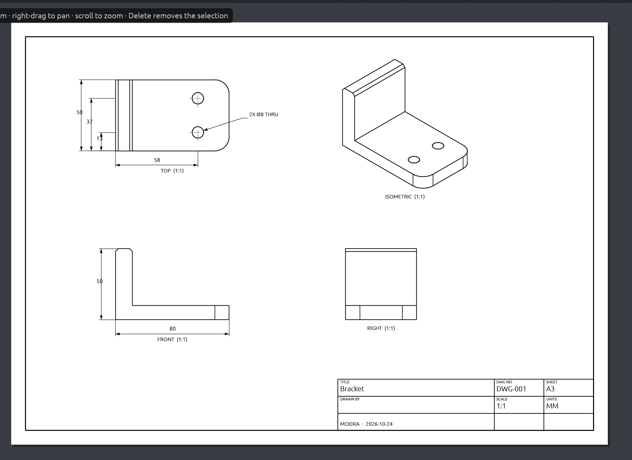 A drawing sheet of a bracket with top, front, right and isometric views, dimensioned automatically