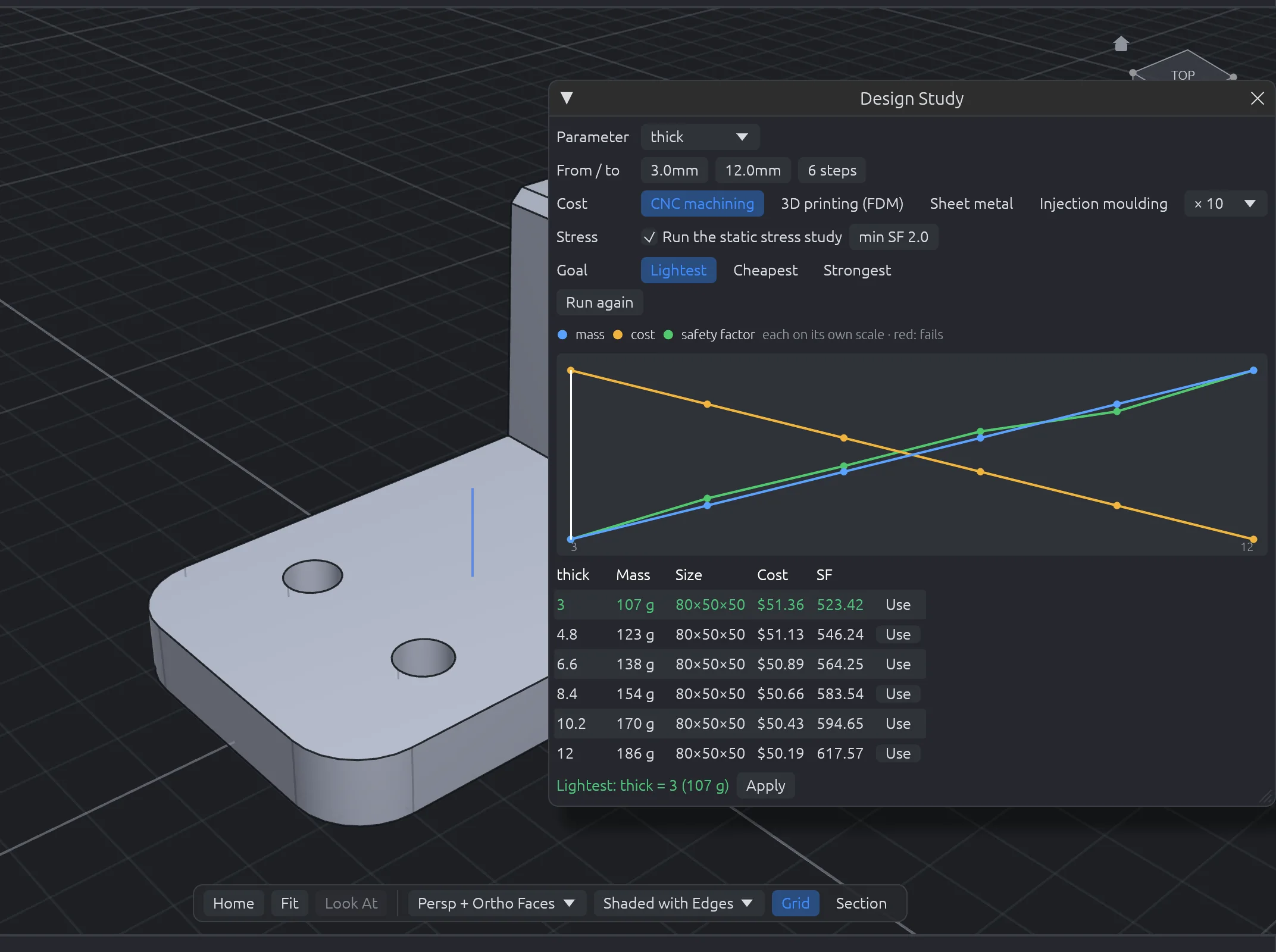 The Design Study window charting mass, cost and safety factor against plate thickness